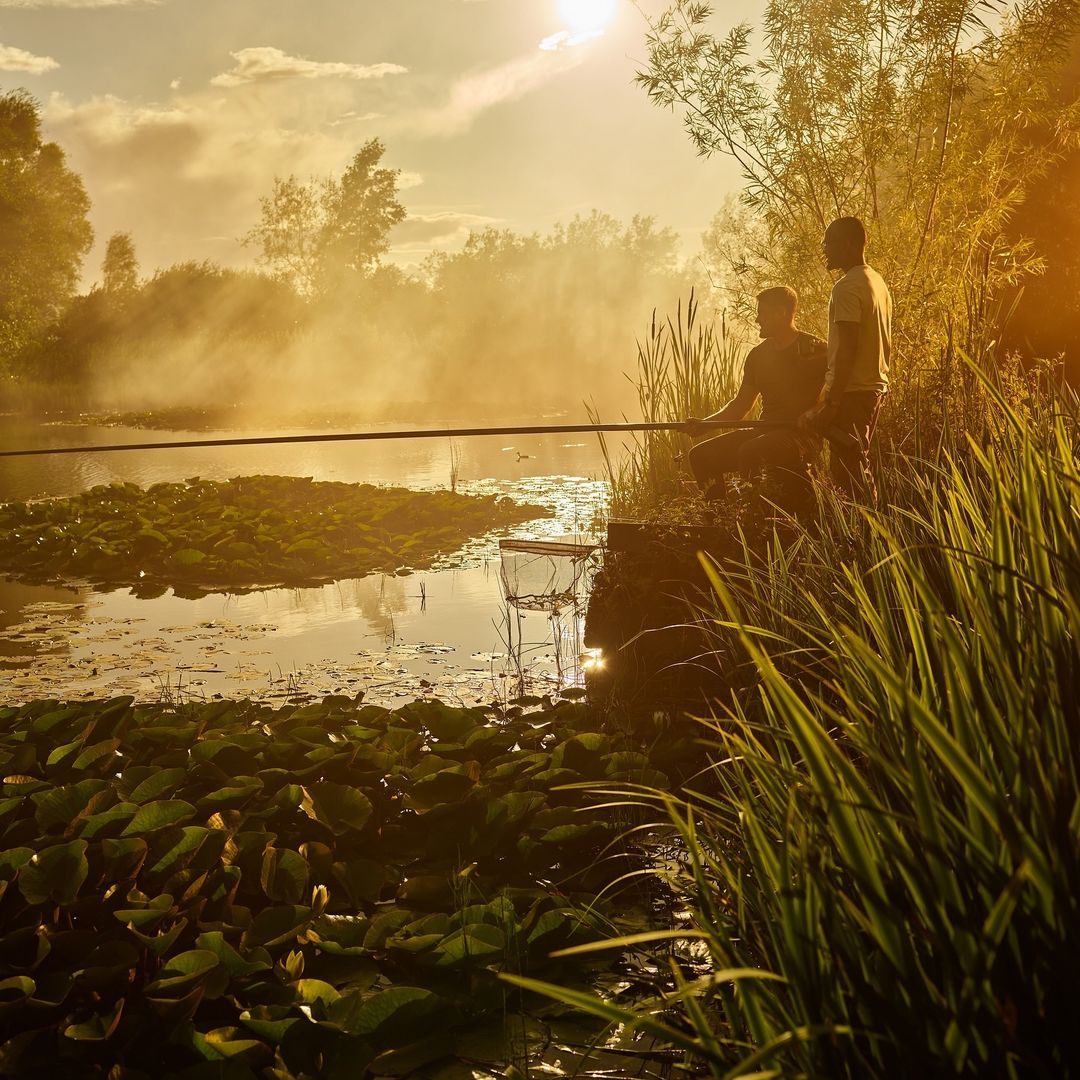 Two men fishing in a tranquil pond at sunset, surrounded by lush greenery and lily pads, creating a peaceful and scenic outdoor experience.