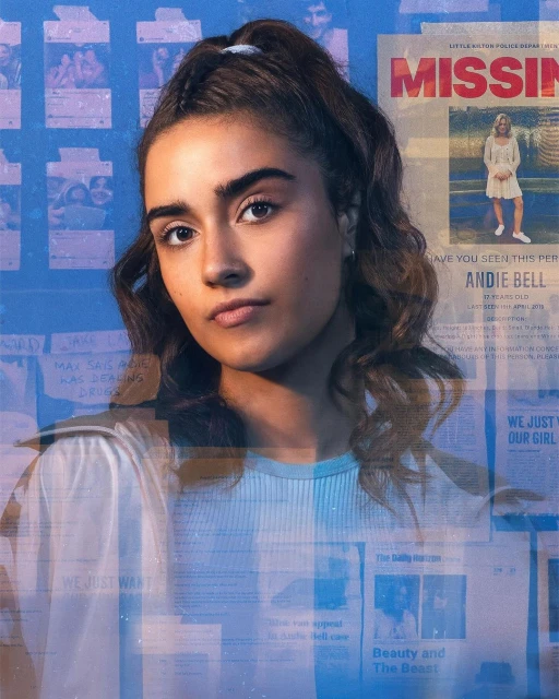 Close-up portrait of a young woman with dark hair and light blue sweater, set against a background of 'missing' posters and newspaper clippings.