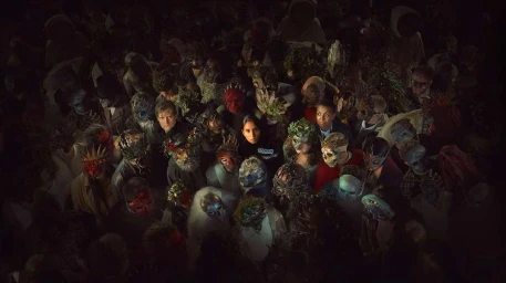 High angle shot of a large dense crowd of people wearing ornate masks and headpieces, with a few uncovered faces looking up.