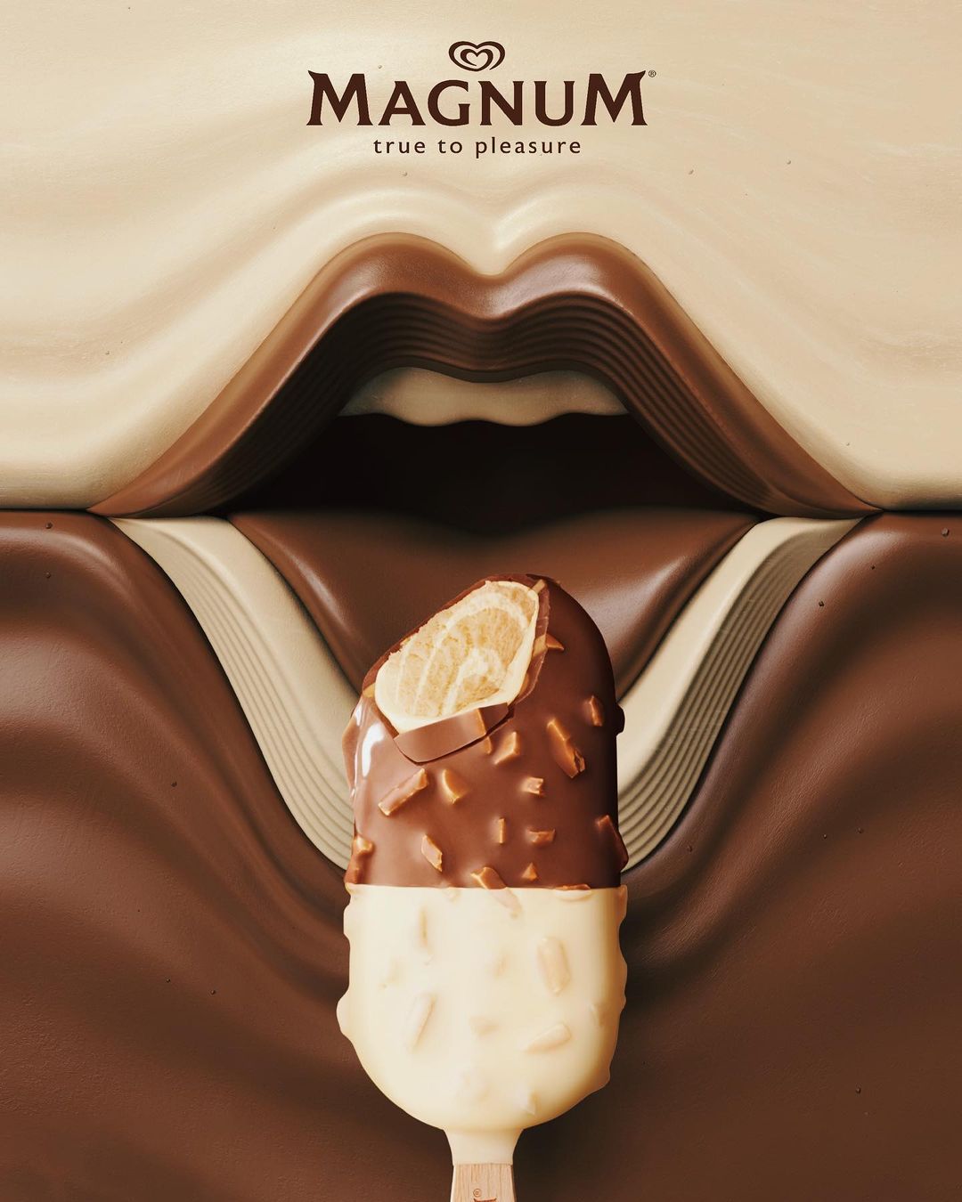 Close-up of a Magnum ice cream bar with a bite taken out of it, revealing the inside, against a textured chocolate background.