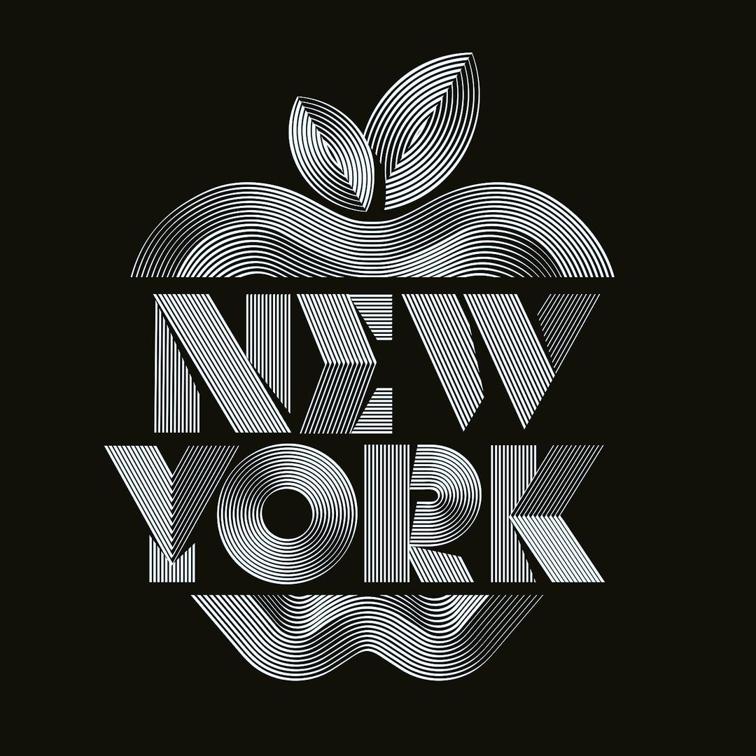 Graphic illustration featuring the words 'New York' overlaid on a stylized apple shape, rendered in a lined pattern on black.