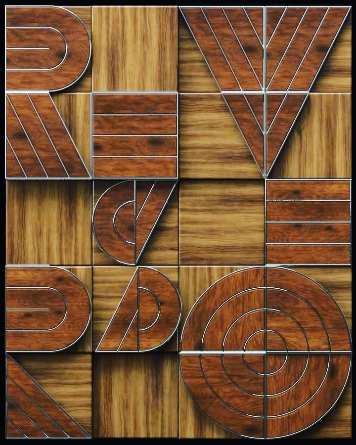 Abstract geometric wood art featuring letter-like shapes and squares with chrome accents, creating a modern, patterned design.