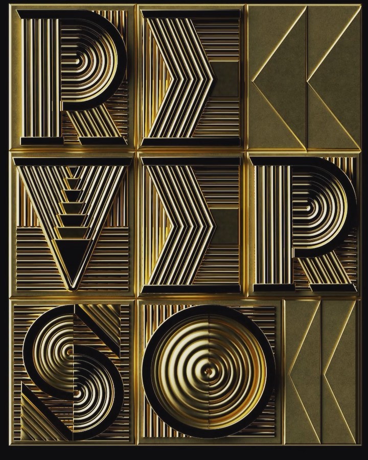 Gold geometric letter art: R, E, V, I, S, O in decorative gold geometric block letters, with black gaps and a black background.
