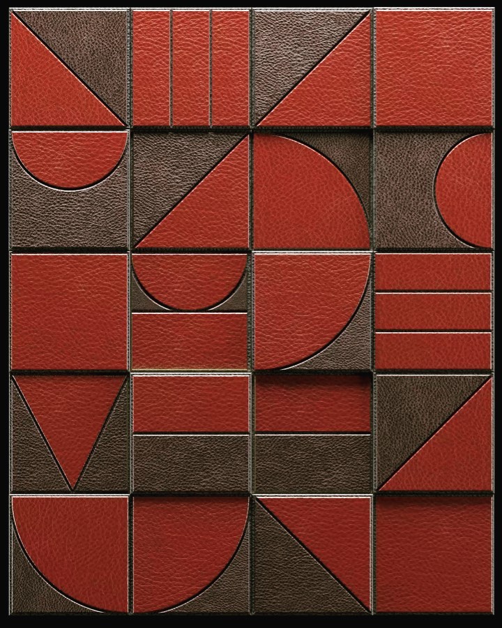 Abstract geometric tile pattern in red and brown. Asymmetrical composition of squares, triangles, and semi-circles creates a bold design.