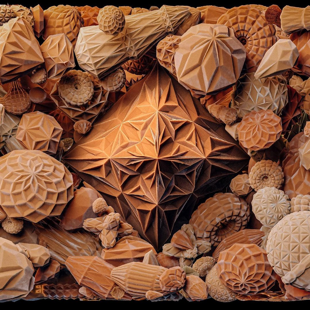 Abstract 3D render of geometric paper art pieces in brown and tan tones featuring spherical and pyramidal shapes with triangular facets.
