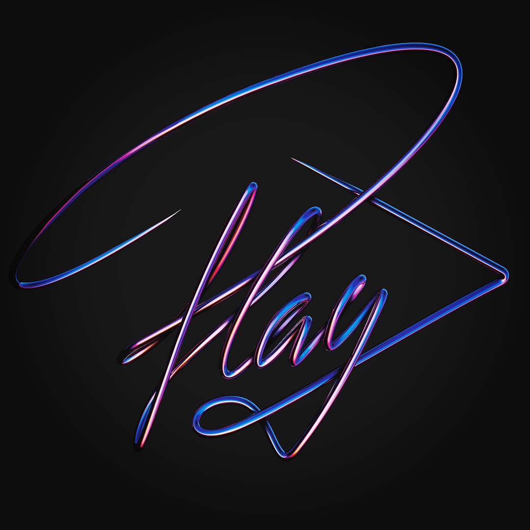 Abstract image with the word "Play" in cursive style, rendered in shades of blue and pink, set against a dark background.