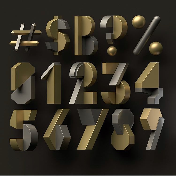 Stylized 3D render of a collection of metallic numbers and symbols in gold and grey on a dark background, digital art.