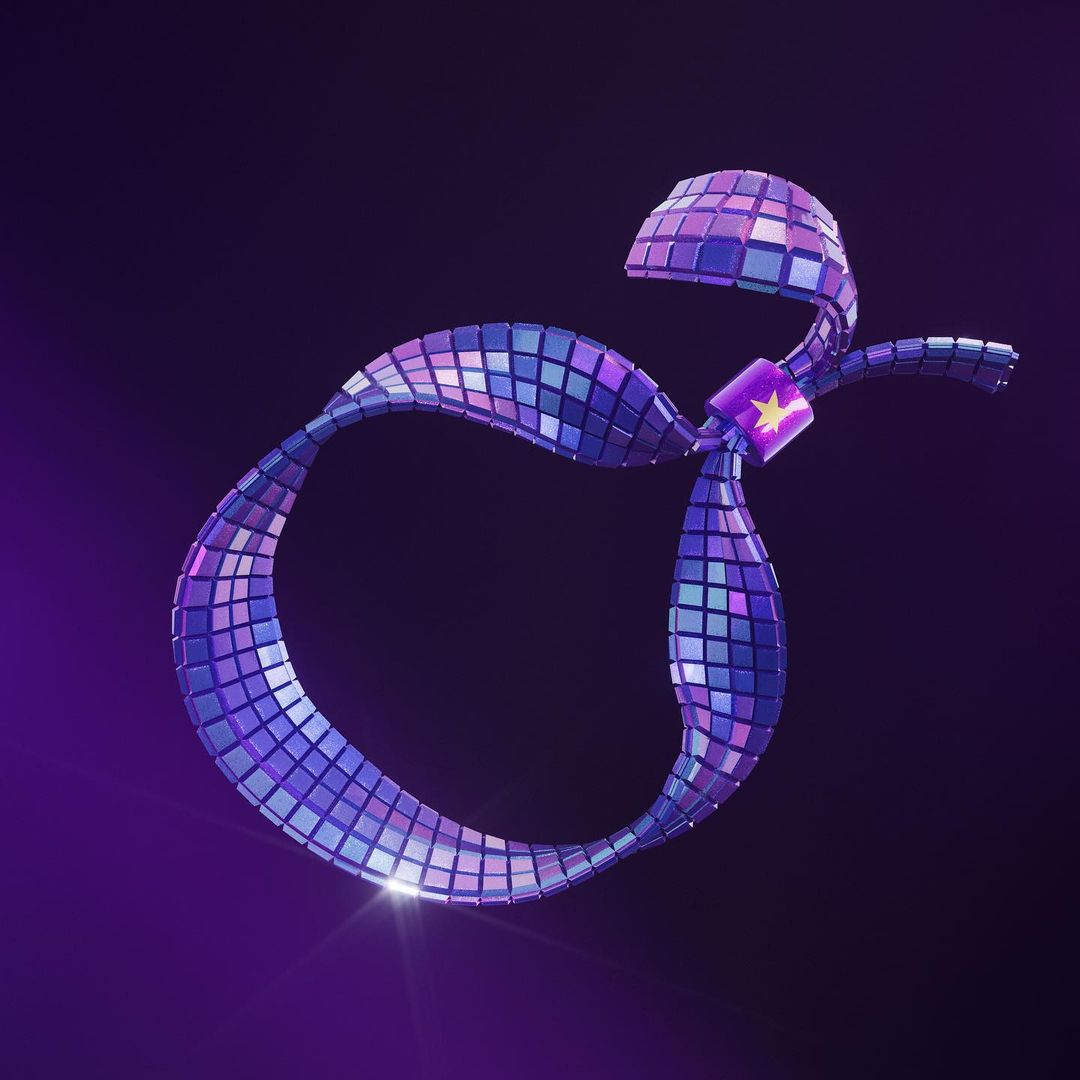 Abstract 3D render of an ampersand symbol formed from iridescent blue, purple and white square tiles, with a star-shaped emblem.