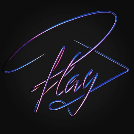 A 3D glossy metallic typographic sculpture spelling the word Play in a flowing script against a dark background