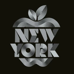 Monochrome line art typography spelling New York forming an apple shape with leaves on a black background