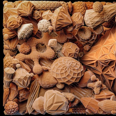 Detailed abstract 3D render by Alex Trochut featuring intricate geometric brown wooden structures and faceted polygonal shapes.
