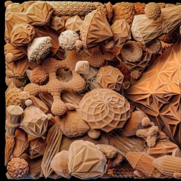 Detailed abstract 3D render by Alex Trochut featuring intricate geometric brown wooden structures and faceted polygonal shapes.