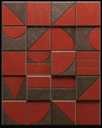 Geometric abstract composition featuring red and dark brown leather textured tiles in a grid arrangement by Alex Trochut.