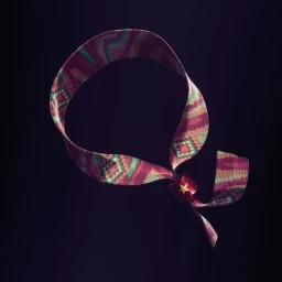 A twisted ribbon patterned band with geometric motifs looped and secured by a red ring with a star.