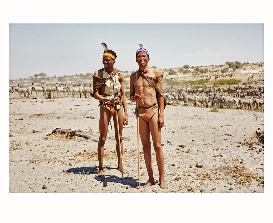 Two African men stand in a dry landscape with zebras grazing in the background. They wear traditional clothing and hold staffs.