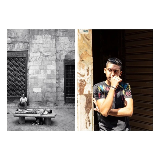 Black and white photo of an outdoor scene with two people on a bench contrasts with a color portrait of a young man.