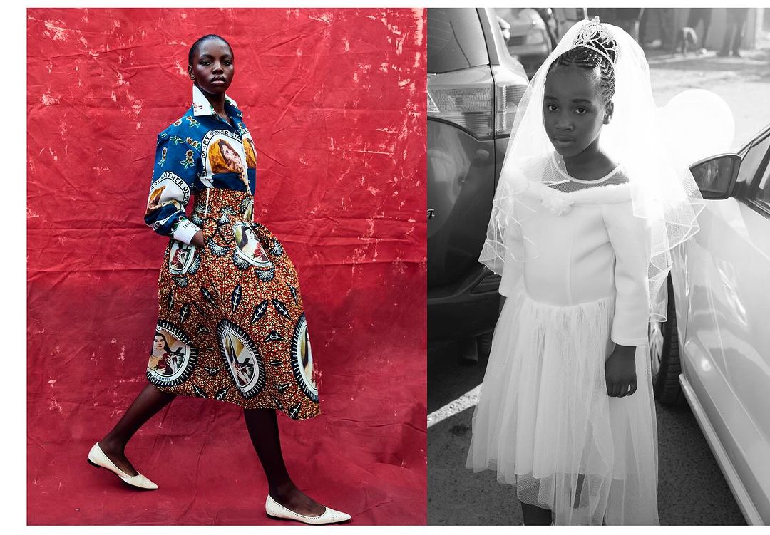 A split image features a fashion model in a patterned dress against a red backdrop and a child in a white dress next to a car.