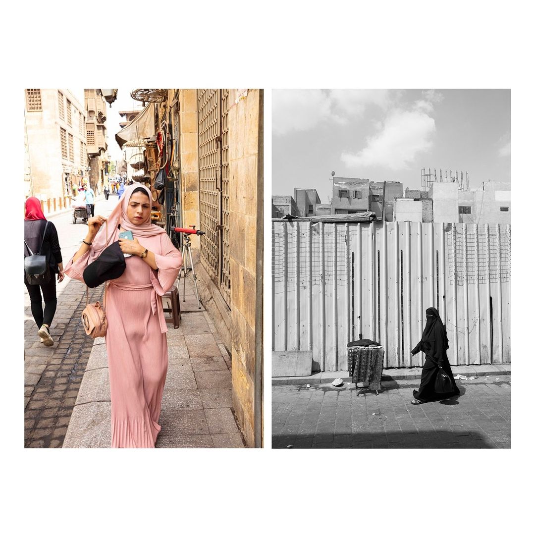 Two photos side-by-side show women on city streets. One woman in pink dress walks a stone street. Other woman in black walks near building.