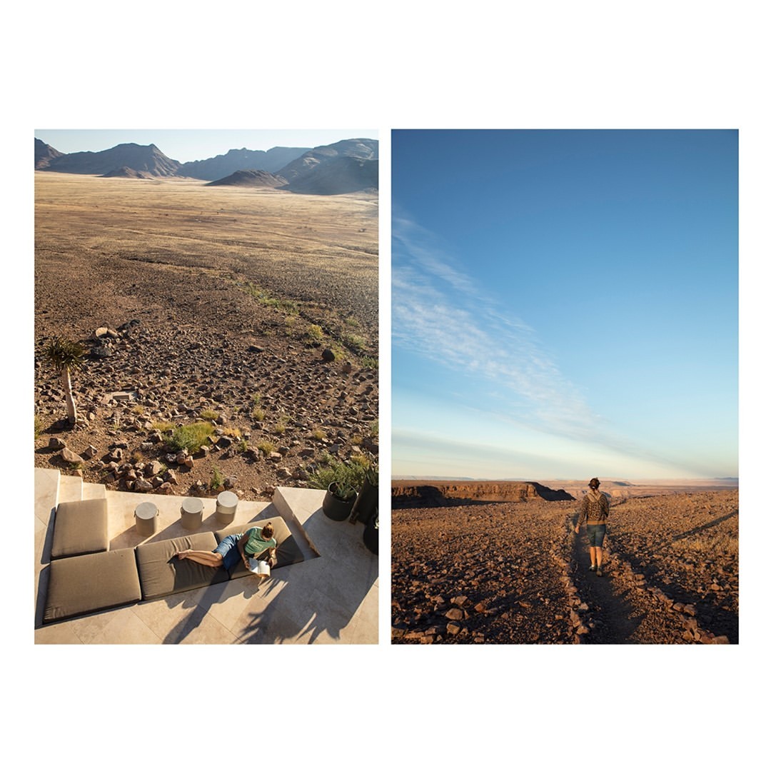 Panoramic diptych featuring a desert landscape with a resting person and arid terrain with a walking person under a clear sky.