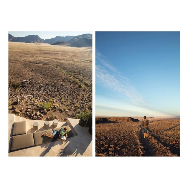 Panoramic diptych featuring a desert landscape with a resting person and arid terrain with a walking person under a clear sky.