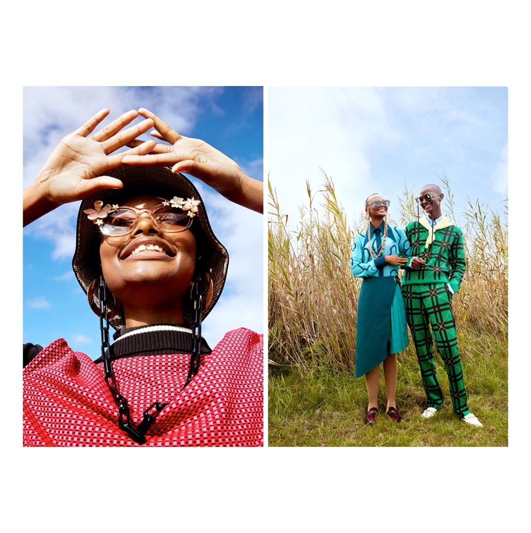 Two split outdoor fashion shots feature a woman in sunglasses and hat against blue sky and a couple in patterned outfits in tall grass.