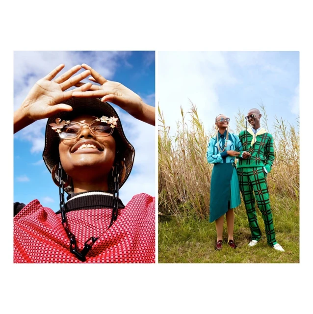 Two split outdoor fashion shots feature a woman in sunglasses and hat against blue sky and a couple in patterned outfits in tall grass.