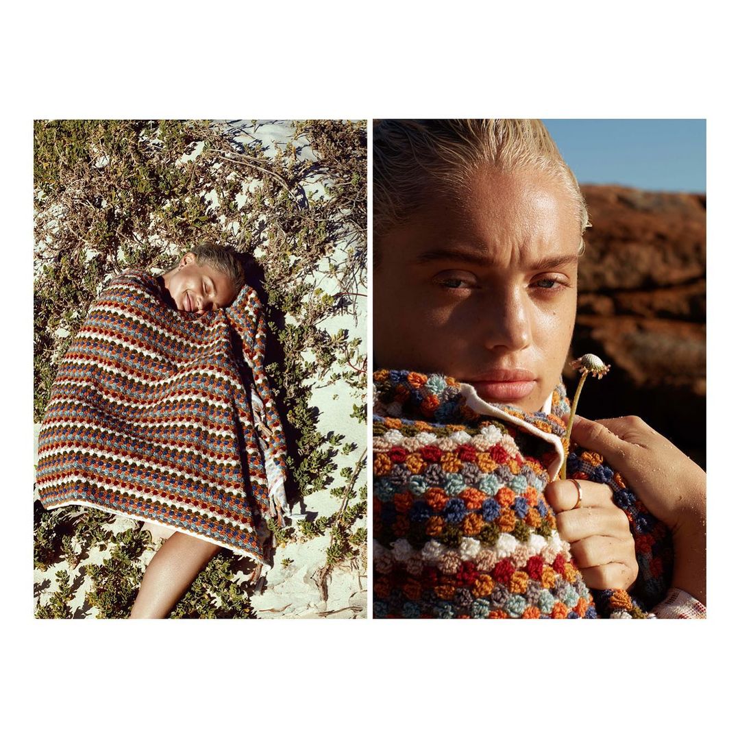 Two-panel image: a woman lying on a blanket on a beach beside greenery, and a close-up of a woman holding a small flower.
