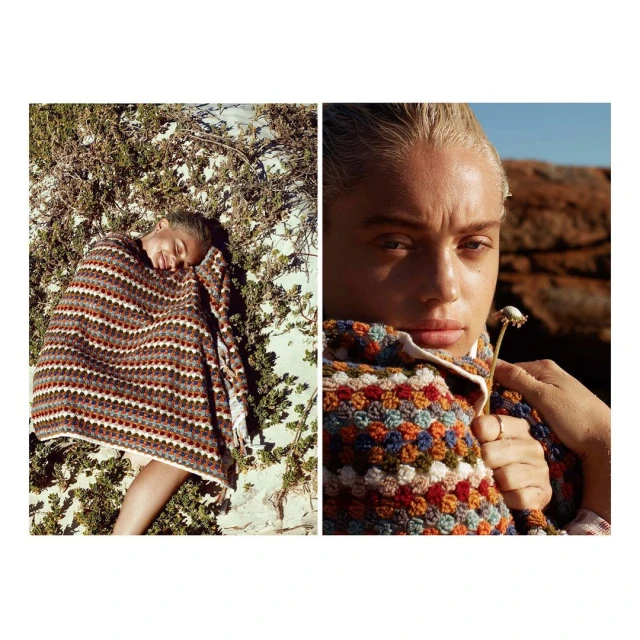 Two-panel image: a woman lying on a blanket on a beach beside greenery, and a close-up of a woman holding a small flower.