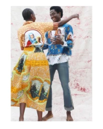 Two models facing each other in colorful patterned apparel against a pale textured background