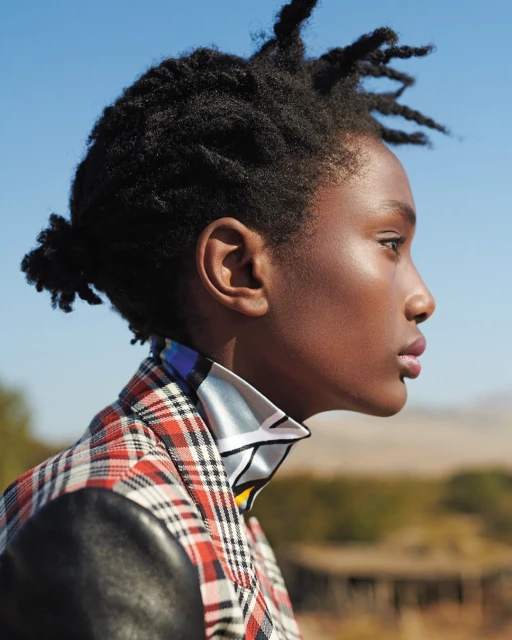 Profile view of a young adult female with dark skin and short natural hair wearing a plaid blazer against an outdoor background.