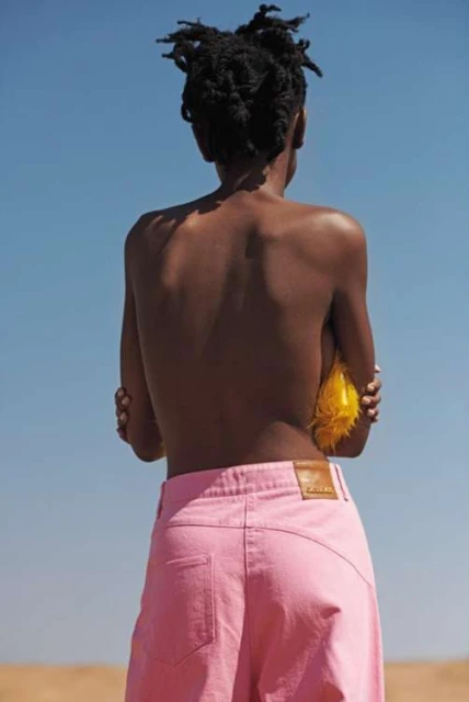 A woman with an Afro hairstyle poses in pink pants against a blue sky and desert landscape. The subject is seen from the back.