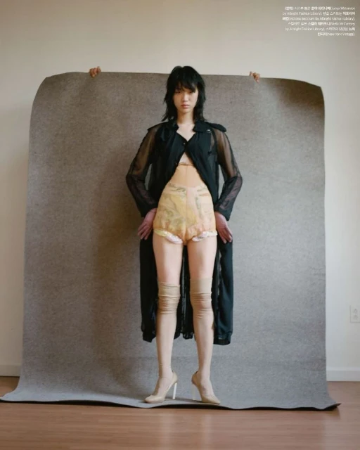 A woman stands in a photo studio wearing a black coat, beige shorts and matching thigh-high stockings. The background is beige.