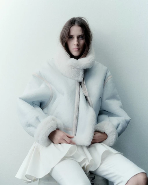 A woman with long brown hair sits in a studio wearing a light blue bomber jacket with a white fur collar and cuffs and white pants.