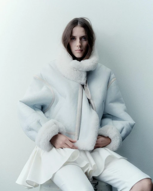 A young woman with dark blonde hair poses indoors wearing an oversized, pale blue shearling jacket over a layered white outfit.