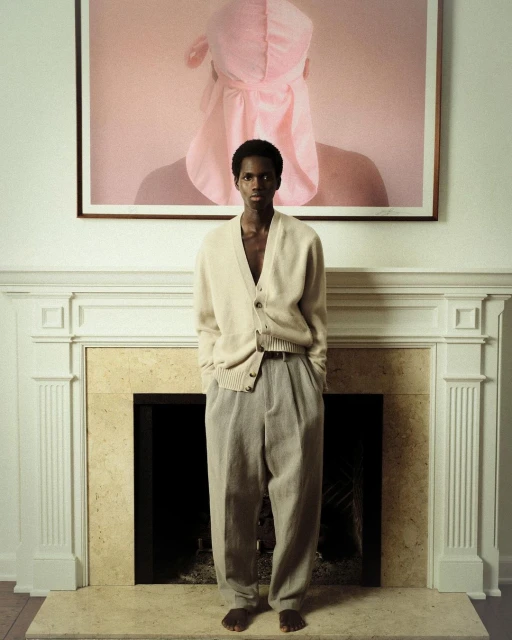 Portrait of a young Black man in a casual cardigan and trousers, posing indoors near a fireplace beneath a framed photograph.