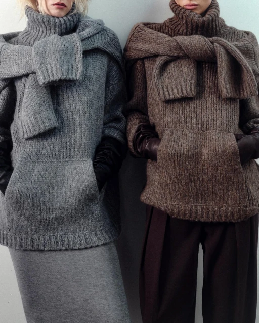 Two women pose in a neutral studio wearing gray and brown knit turtleneck sweaters and skirts. The sweaters have scarves tied around the neck.
