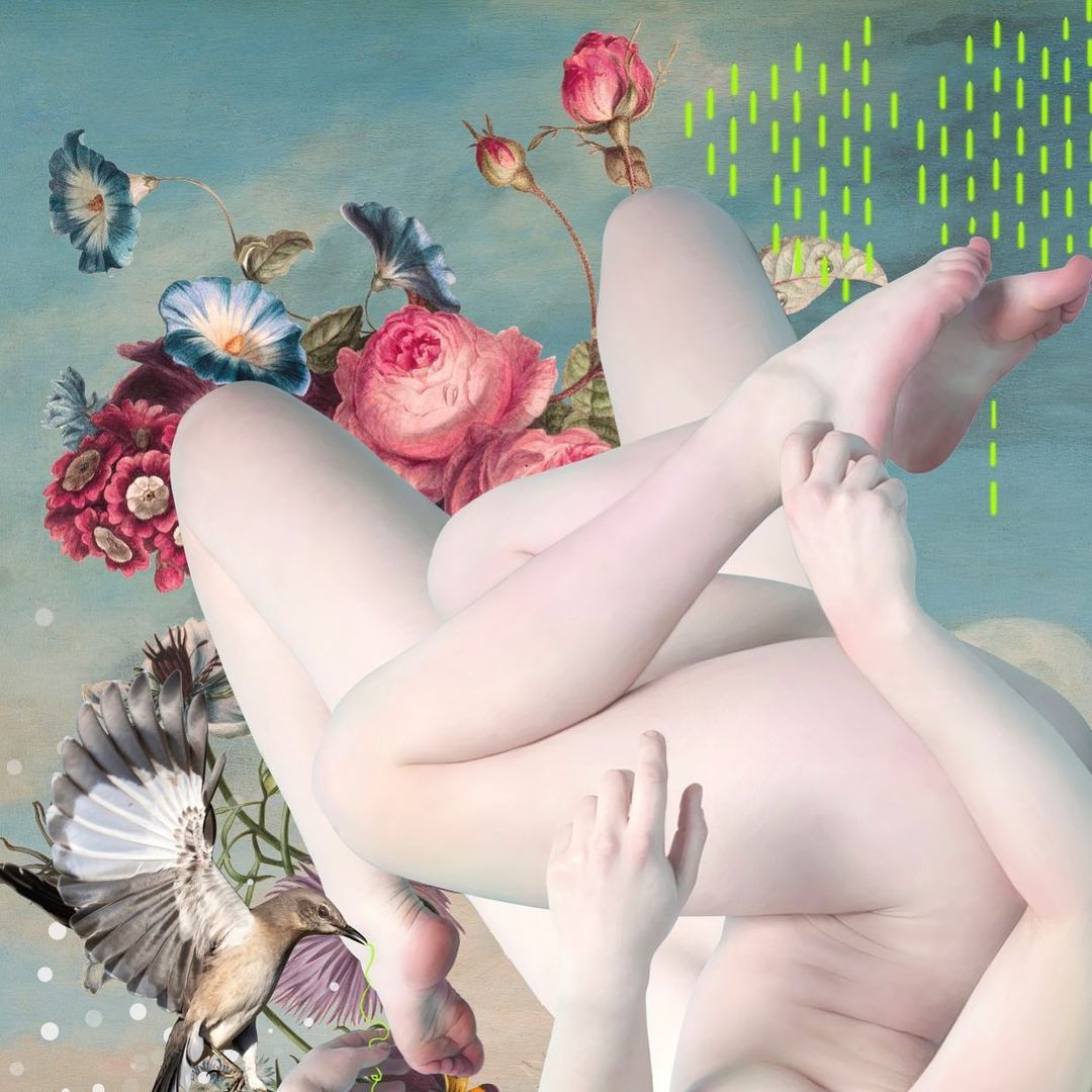 Artistic nude collage with intertwined human forms, lush floral elements, vibrant bird imagery, and abstract neon green accents on pale blue.