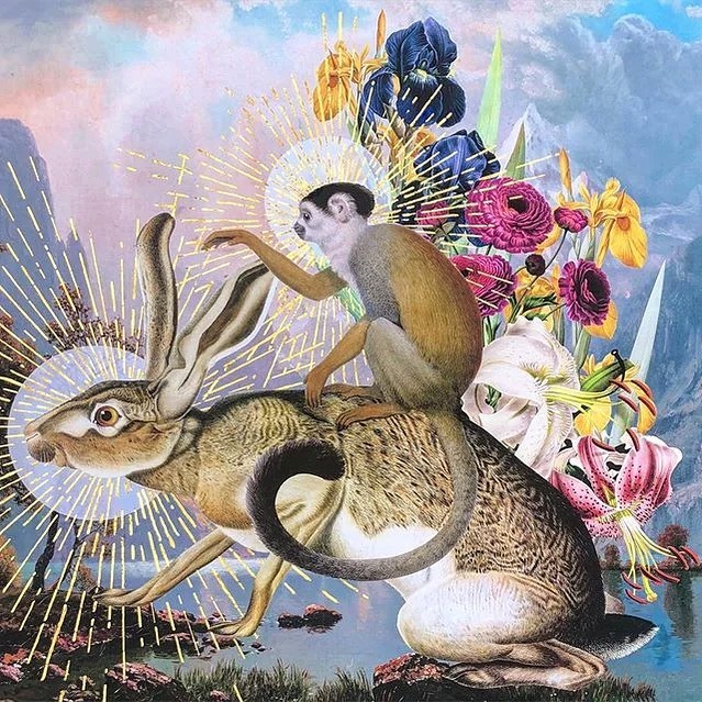 Artwork features a hare carrying a monkey, adorned with floral elements against a backdrop of painted mountains and a sky filled with light.