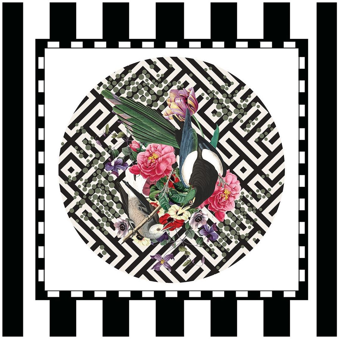 Floral arrangement with birds on a black and white geometric background, creating an artful and visually appealing composition.
