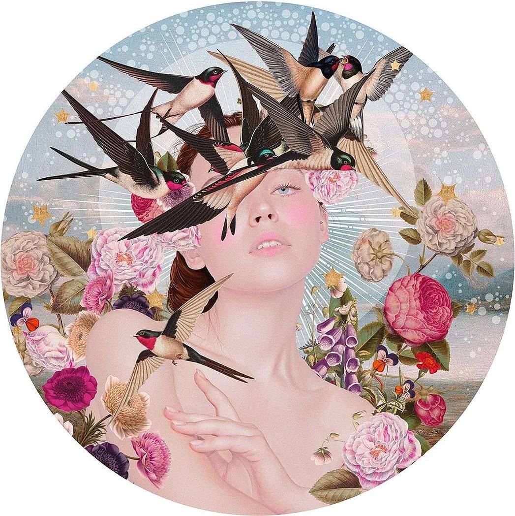 Dreamlike illustration featuring a woman's face surrounded by swallows and pink flowers against a pale blue, speckled background.