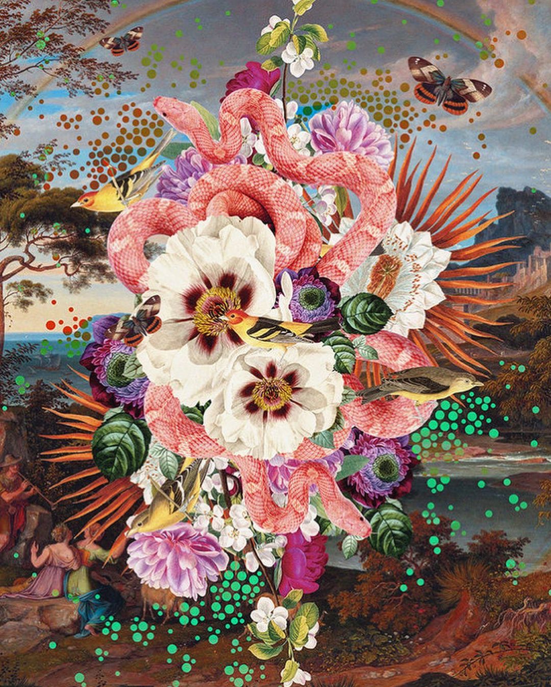 Digital collage with pink snake winding through white flowers and tropical foliage, set against landscape with a rainbow.