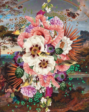 Digital collage with pink snake winding through white flowers and tropical foliage, set against landscape with a rainbow.