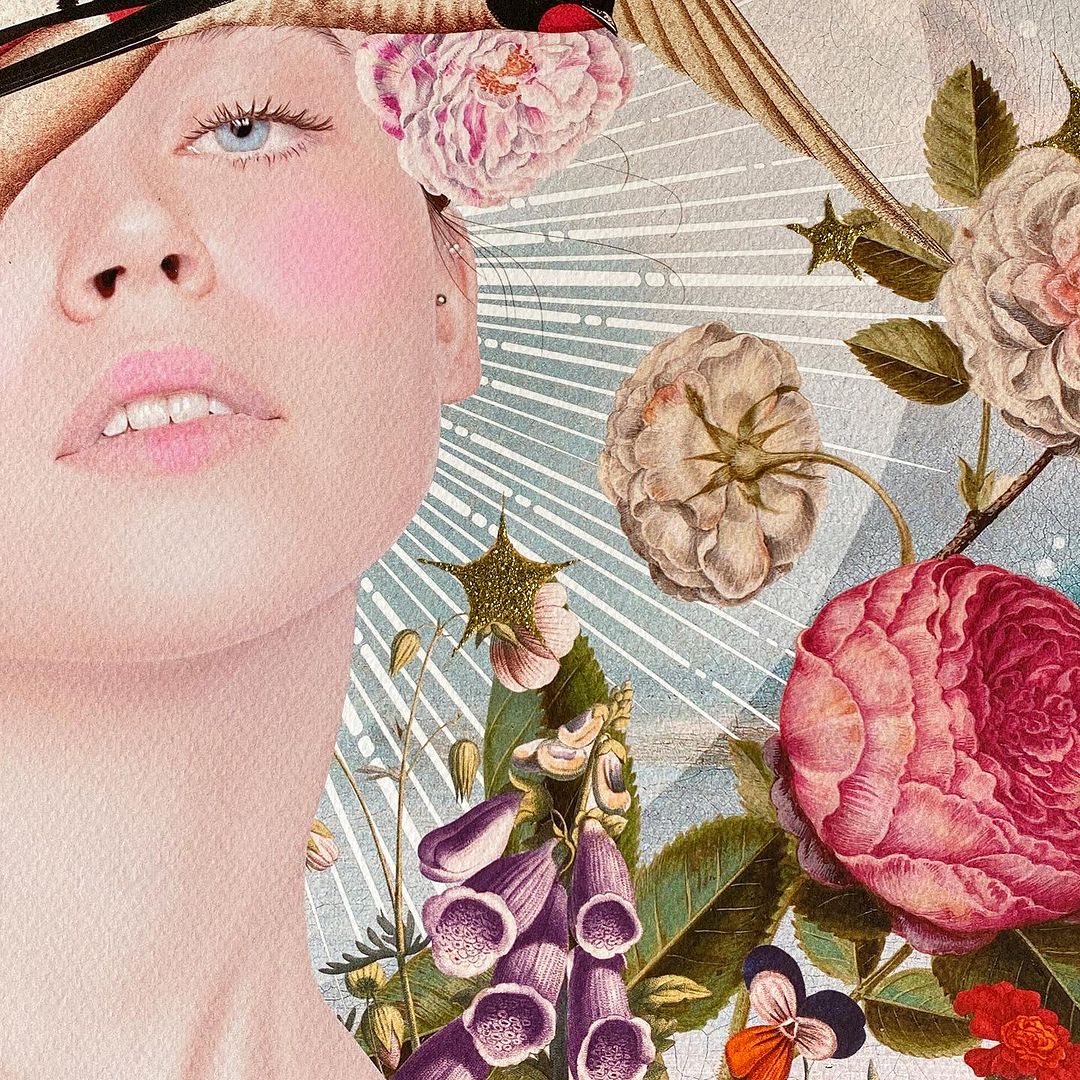 Illustration of a woman's face surrounded by various flowers and foliage, showcasing artful botanical elements with a light and airy aesthetic.