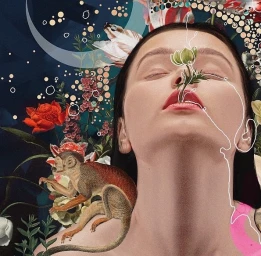 Surreal digital collage by Alexandra Gallagher featuring a woman with a flower emerging from her mouth and a small monkey on her shoulder.
