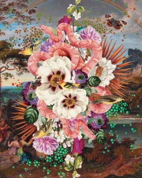 Surreal digital collage by Alexandra Gallagher featuring a pink snake, white flowers, butterflies, and birds over a landscape.