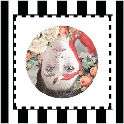Surreal digital collage illustration by Alexandra Gallagher featuring an upside-down woman's face, pink flamingo, and flowers