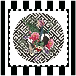 Surreal digital illustration by Alexandra Gallagher featuring magpies and pink peonies inside a circular medallion with a maze pattern.