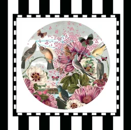 Surreal digital collage illustration featuring birds, butterflies, and large pink flowers inside a circular frame by Alexandra Gallagher.