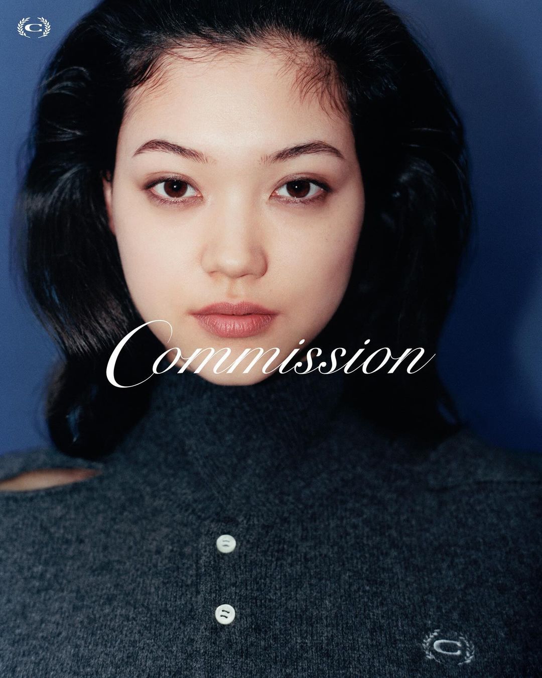 Portrait of a young Asian woman with dark hair wearing a grey sweater against a blue background; Commission logo in the image.