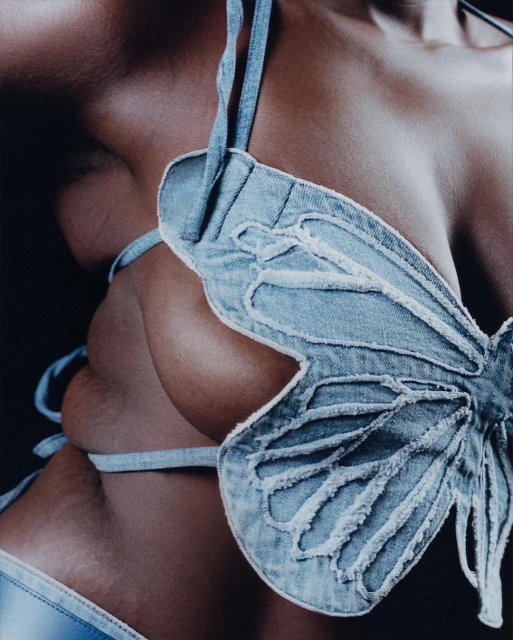 Close-up of an adult female torso wearing a light blue denim butterfly-shaped bikini top against a dark background in studio lighting.